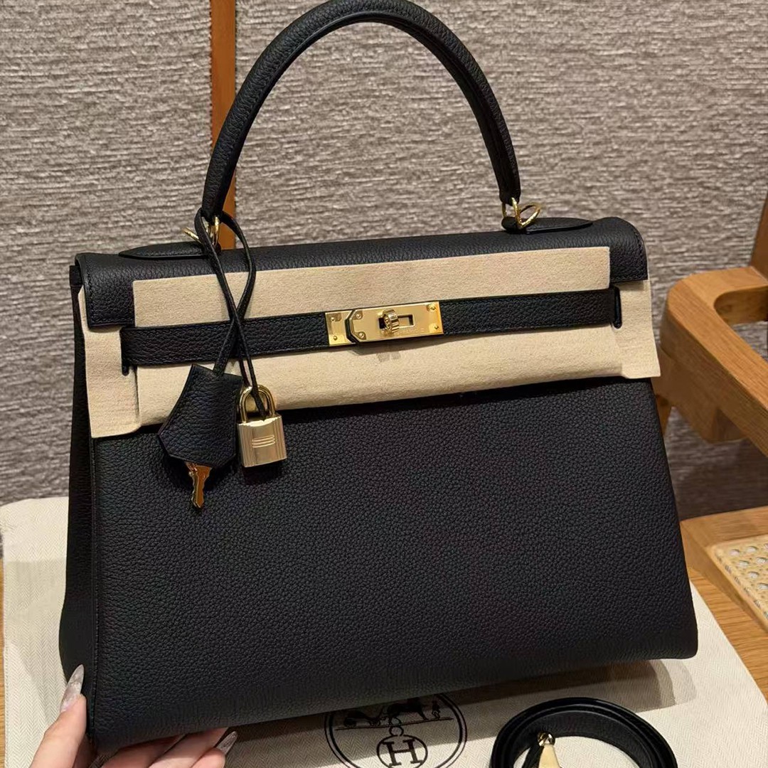 Hermes Kelly 32 Bag Handmade In Togo Calfskin Leather Gold Hardware 89 Noir