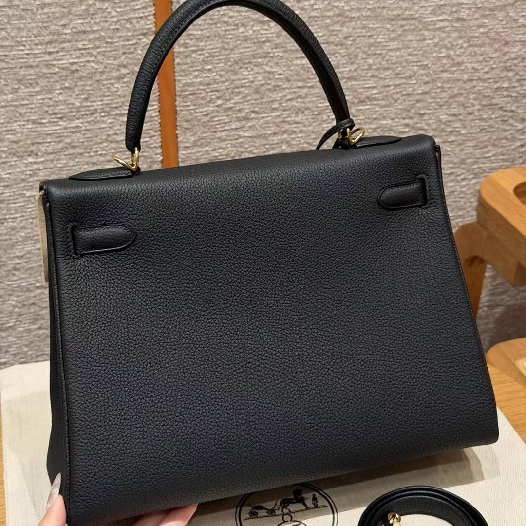 Hermes Kelly 32 Bag Handmade In Togo Calfskin Leather Gold Hardware 89 Noir - Image 2