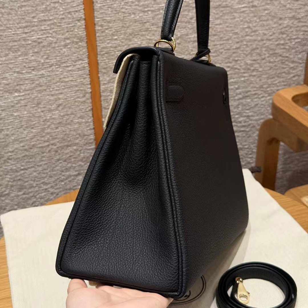 Hermes Kelly 32 Bag Handmade In Togo Calfskin Leather Gold Hardware 89 Noir - Image 22