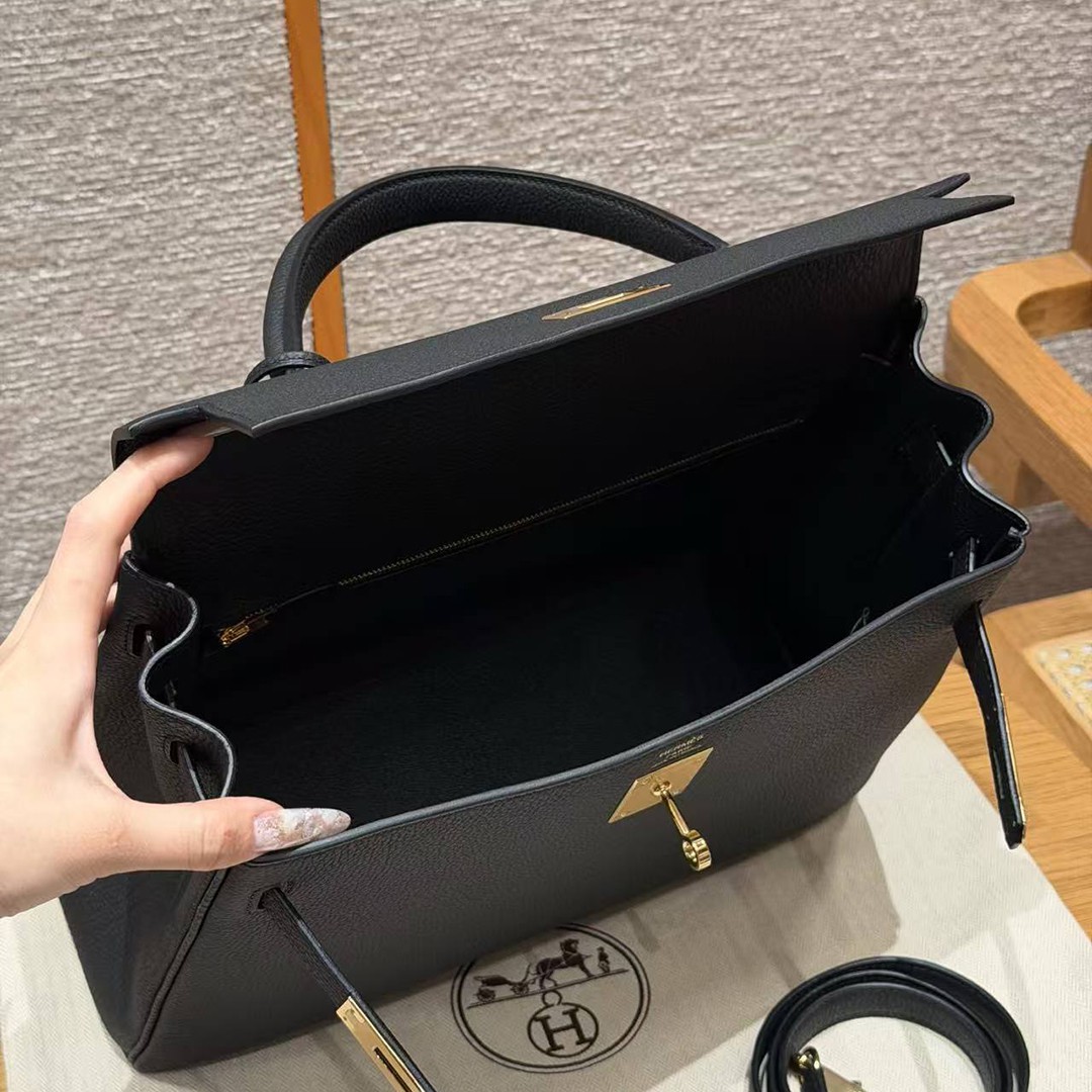 Hermes Kelly 32 Bag Handmade In Togo Calfskin Leather Gold Hardware 89 Noir - Image 20