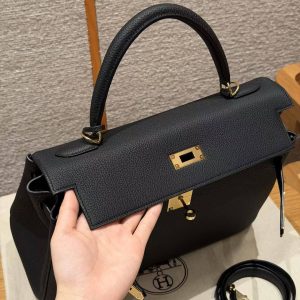 Hermes Kelly 32 Bag Handmade In Togo Calfskin Leather Gold Hardware 89 Noir - Image 15