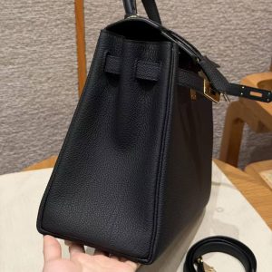 Hermes Kelly 32 Bag Handmade In Togo Calfskin Leather Gold Hardware 89 Noir - Image 12