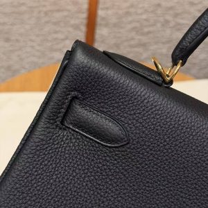 Hermes Kelly 32 Bag Handmade In Togo Calfskin Leather Gold Hardware 89 Noir - Image 5