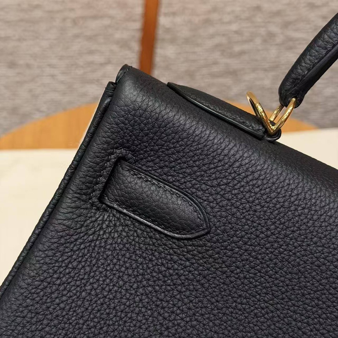 Hermes Kelly 32 Bag Handmade In Togo Calfskin Leather Gold Hardware 89 Noir - Image 5