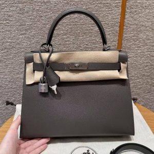 Hermes Kelly 32 Bag Handmade In Epsom Calfskin Leather Silver Hardware 8F Etain