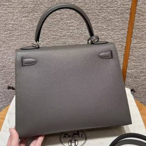 Hermes Kelly 32 Bag Handmade In Epsom Calfskin Leather Silver Hardware 8F Etain - Image 2