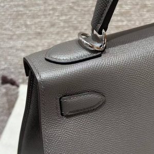 Hermes Kelly 32 Bag Handmade In Epsom Calfskin Leather Silver Hardware 8F Etain - Image 9