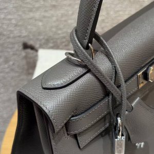 Hermes Kelly 32 Bag Handmade In Epsom Calfskin Leather Silver Hardware 8F Etain - Image 7