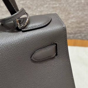 Hermes Kelly 32 Bag Handmade In Epsom Calfskin Leather Silver Hardware 8F Etain - Image 6