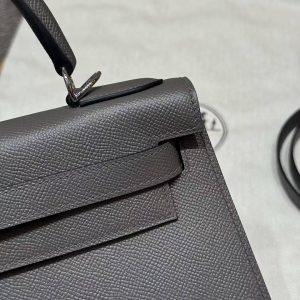 Hermes Kelly 32 Bag Handmade In Epsom Calfskin Leather Silver Hardware 8F Etain - Image 5