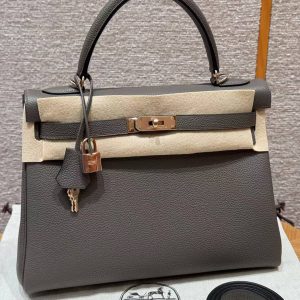 Hermes Kelly 32 Bag Handmade In Togo Calfskin Leather Rose Gold Hardware 8F Etain