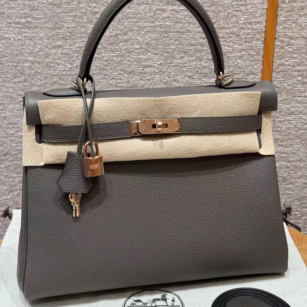 Hermes Kelly 32 Bag Handmade In Togo Calfskin Leather Rose Gold Hardware 8F Etain