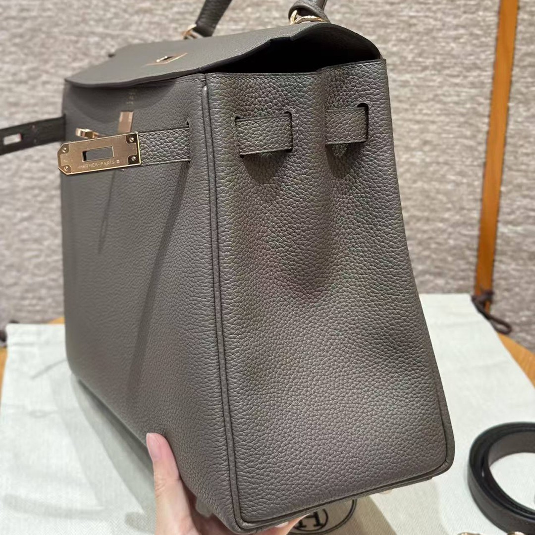 Hermes Kelly 32 Bag Handmade In Togo Calfskin Leather Rose Gold Hardware 8F Etain - Image 24