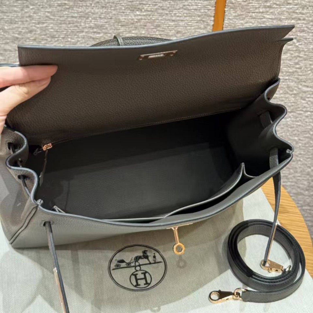 Hermes Kelly 32 Bag Handmade In Togo Calfskin Leather Rose Gold Hardware 8F Etain - Image 22