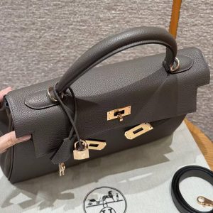 Hermes Kelly 32 Bag Handmade In Togo Calfskin Leather Rose Gold Hardware 8F Etain - Image 13