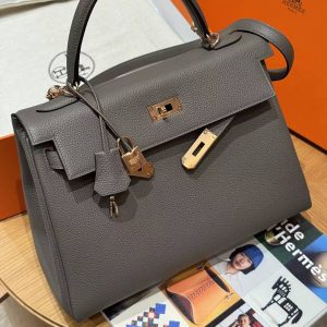 Hermes Kelly 32 Bag Handmade In Togo Calfskin Leather Rose Gold Hardware 8F Etain - Image 11