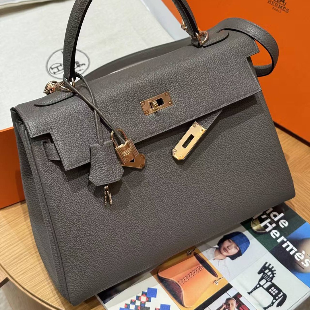 Hermes Kelly 32 Bag Handmade In Togo Calfskin Leather Rose Gold Hardware 8F Etain - Image 11