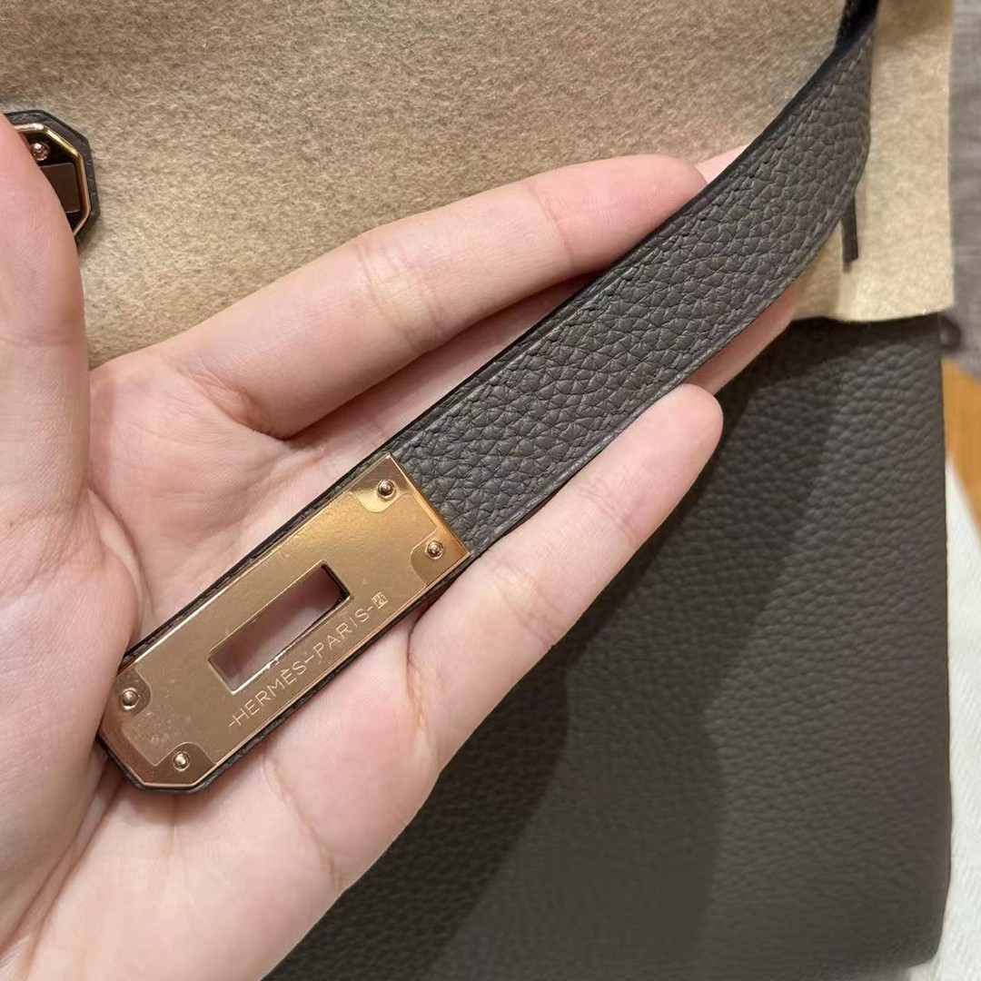 Hermes Kelly 32 Bag Handmade In Togo Calfskin Leather Rose Gold Hardware 8F Etain - Image 7