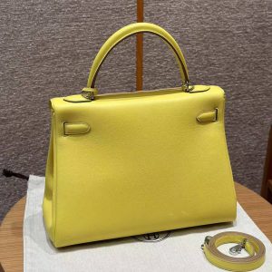Hermes Kelly 32 Bag Handmade In Swift Calfskin Leather Silver Hardware 9R Lime - Image 2