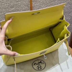 Hermes Kelly 32 Bag Handmade In Swift Calfskin Leather Silver Hardware 9R Lime - Image 15