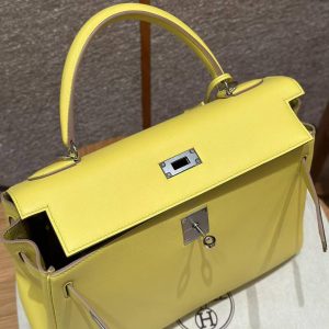 Hermes Kelly 32 Bag Handmade In Swift Calfskin Leather Silver Hardware 9R Lime - Image 14