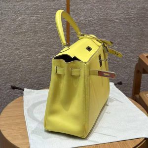 Hermes Kelly 32 Bag Handmade In Swift Calfskin Leather Silver Hardware 9R Lime - Image 11