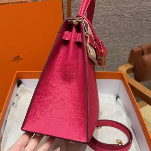 Hermes Kelly 32 Bag Handmade In Epsom Calfskin Leather Gold Hardware i6 Rose Extreme - Image 18
