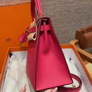 Hermes Kelly 32 Bag Handmade In Epsom Calfskin Leather Gold Hardware i6 Rose Extreme - Image 17