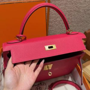 Hermes Kelly 32 Bag Handmade In Epsom Calfskin Leather Gold Hardware i6 Rose Extreme - Image 5