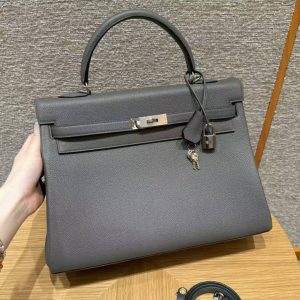 Hermes Kelly 35 Bag Handmade In Togo Calfskin Leather Silver Hardware 0L Gris Mayer