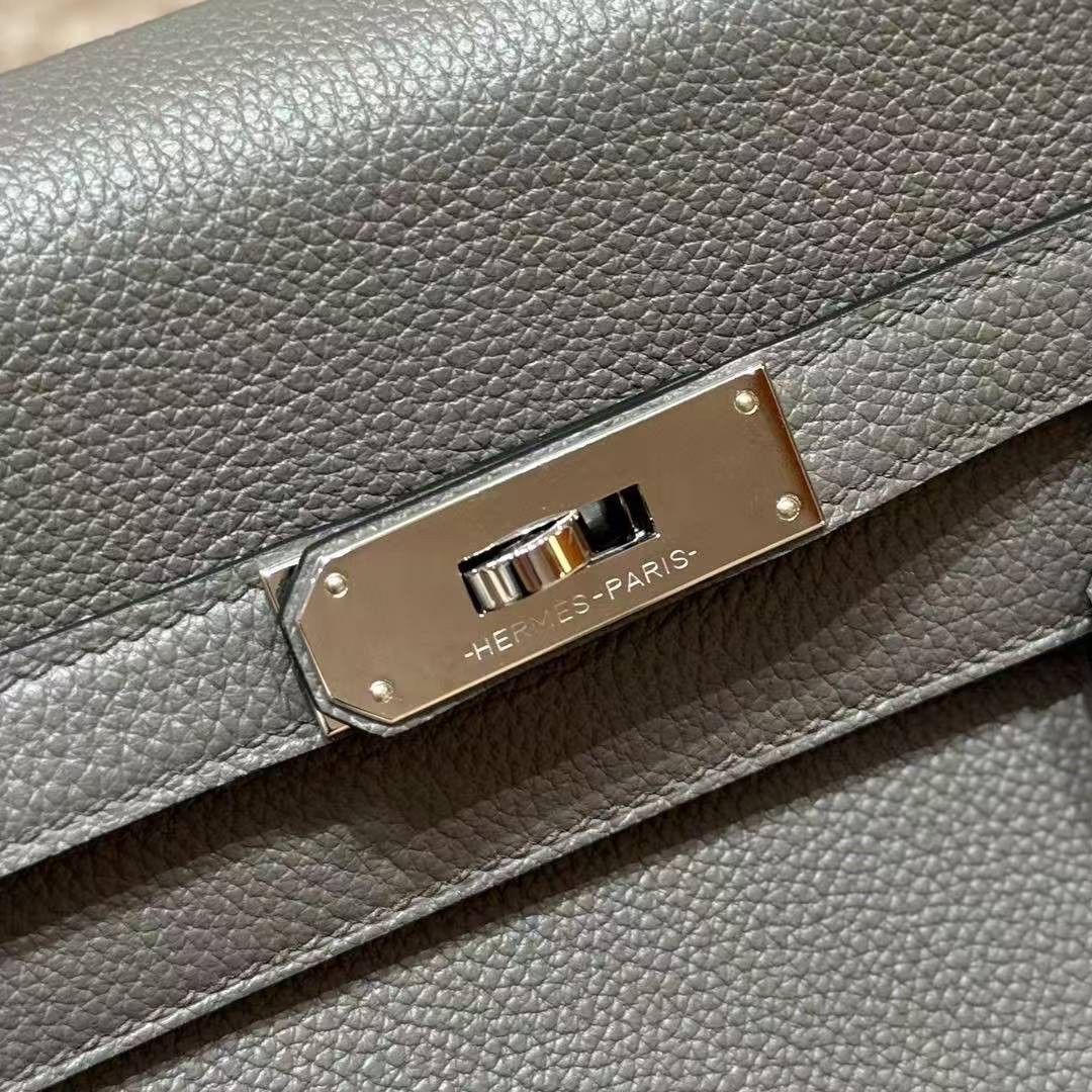 Hermes Kelly 35 Bag Handmade In Togo Calfskin Leather Silver Hardware 0L Gris Mayer - Image 13