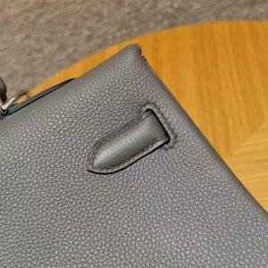 Hermes Kelly 35 Bag Handmade In Togo Calfskin Leather Silver Hardware 0L Gris Mayer - Image 10