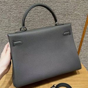 Hermes Kelly 35 Bag Handmade In Togo Calfskin Leather Silver Hardware 0L Gris Mayer - Image 9