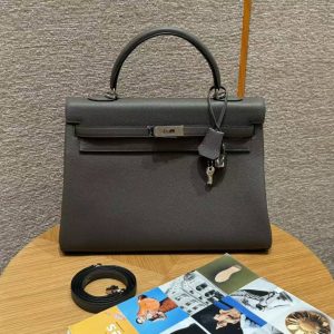 Hermes Kelly 35 Bag Handmade In Togo Calfskin Leather Silver Hardware 0L Gris Mayer - Image 8
