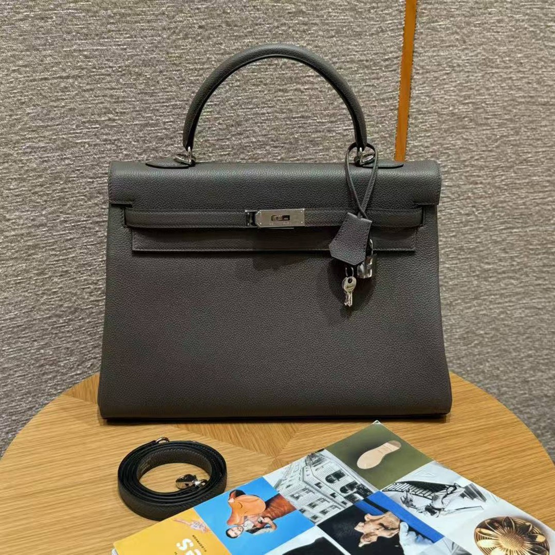 Hermes Kelly 35 Bag Handmade In Togo Calfskin Leather Silver Hardware 0L Gris Mayer - Image 8