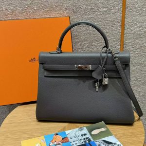 Hermes Kelly 35 Bag Handmade In Togo Calfskin Leather Silver Hardware 0L Gris Mayer - Image 3