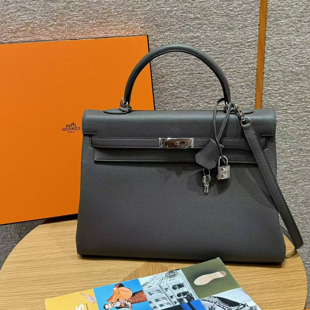 Hermes Kelly 35 Bag Handmade In Togo Calfskin Leather Silver Hardware 0L Gris Mayer - Image 3
