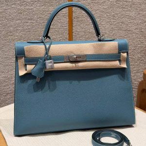 Hermes Kelly 35 Bag Handmade In Epsom Calfskin Leather Silver Hardware 75 Bleu Jean