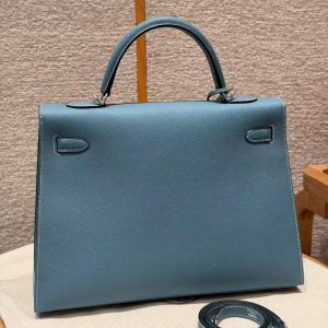 Hermes Kelly 35 Bag Handmade In Epsom Calfskin Leather Silver Hardware 75 Bleu Jean - Image 2