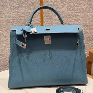 Hermes Kelly 35 Bag Handmade In Epsom Calfskin Leather Silver Hardware 75 Bleu Jean - Image 15