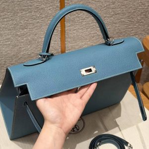 Hermes Kelly 35 Bag Handmade In Epsom Calfskin Leather Silver Hardware 75 Bleu Jean - Image 14