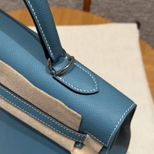 Hermes Kelly 35 Bag Handmade In Epsom Calfskin Leather Silver Hardware 75 Bleu Jean - Image 5