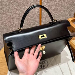 Hermes Kelly 35 Bag Handmade In Box Calfskin Leather Gold Hardware 89 Noir - Image 15