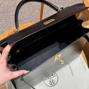 Hermes Kelly 35 Bag Handmade In Box Calfskin Leather Gold Hardware 89 Noir - Image 14