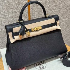 Hermes Kelly 35 Bag Handmade In Togo Calfskin Leather Gold Hardware 89 Noir