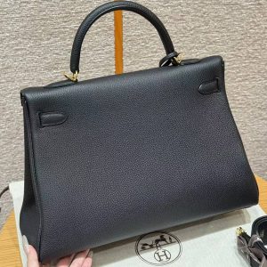 Hermes Kelly 35 Bag Handmade In Togo Calfskin Leather Gold Hardware 89 Noir - Image 2