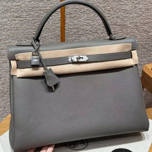Hermes Kelly 40 Bag Handmade In Togo Calfskin Leather Silver Hardware 0L Gris Meyer
