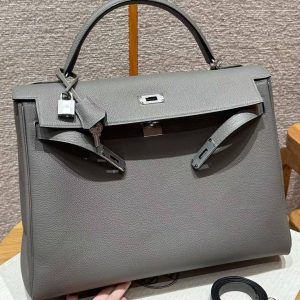 Hermes Kelly 40 Bag Handmade In Togo Calfskin Leather Silver Hardware 0L Gris Meyer - Image 11