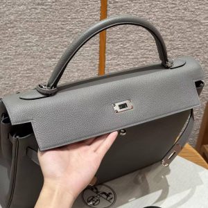 Hermes Kelly 40 Bag Handmade In Togo Calfskin Leather Silver Hardware 0L Gris Meyer - Image 10