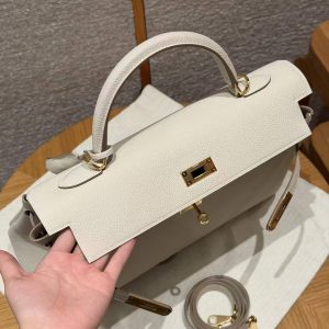 Hermes Kelly 40 Bag Handmade In Togo Calfskin Leather Gold Hardware 10 Craie - Image 12